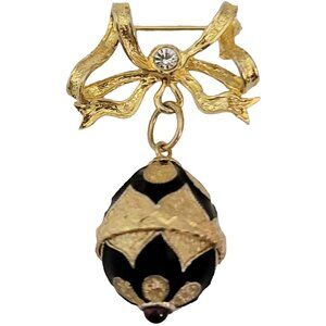 Sterling Silver Gold Vermeil Bow Bar Faberge Style Egg Charm Dangle Pin Brooch